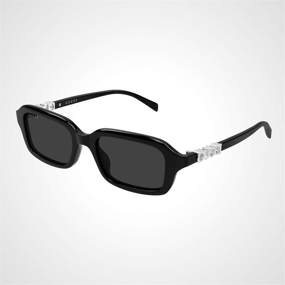 New GUCCI Sunglasses Black Acetate Rectangle Square Silver Metal Logo Womens